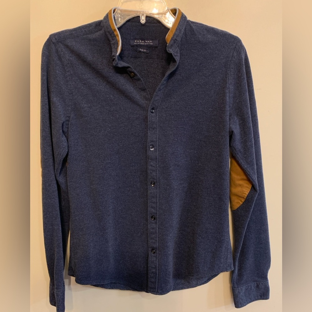 Zara Navy Button-Down Shirt with Tan Elbow Patches